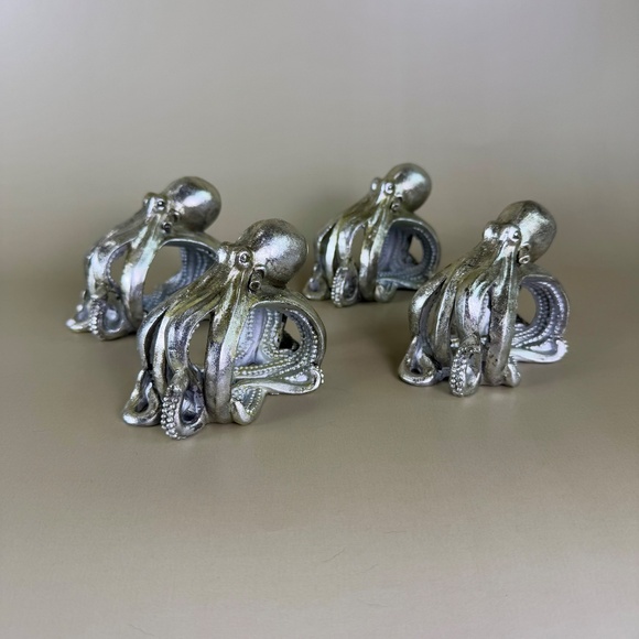 Unknown Other - Set of 4 Silver Octopus Napkin Rings | Coastal Resin Sculpted Design | Nautical